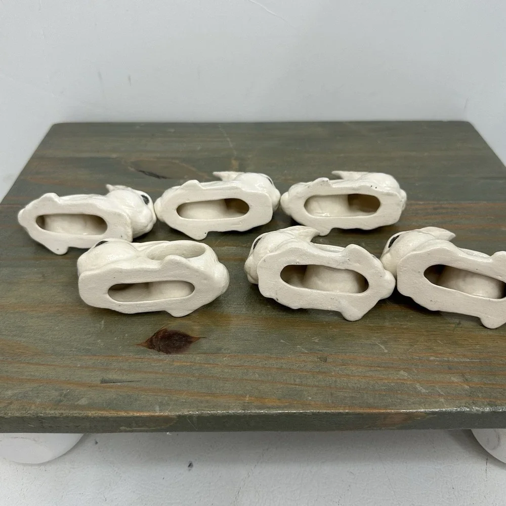 Set Of 6 Ceramic White Bunny Rabbit Napkin Ring Holders Handmade Easter Bunnies